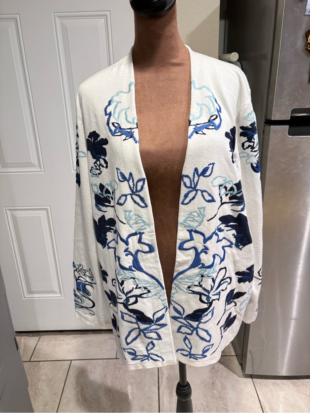 Chico's White Swim Coverup with Navy and Light Blue Floral Embroidery